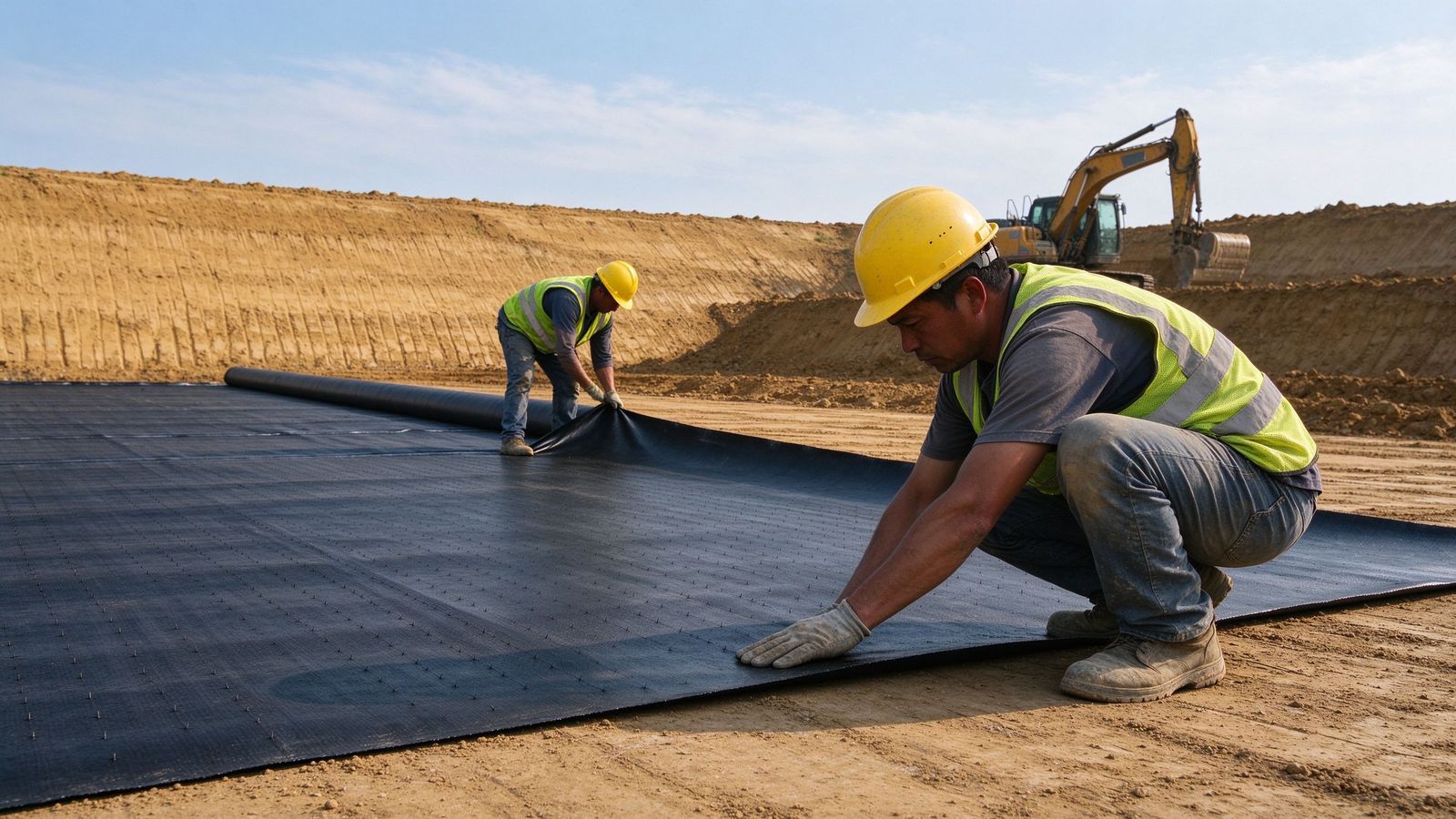 Workers installing GCL panels on a landfill site